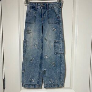 Abercrombie Kids Floral Embroidered High Rise Wide Leg Denim Jeans 5/6 Long
